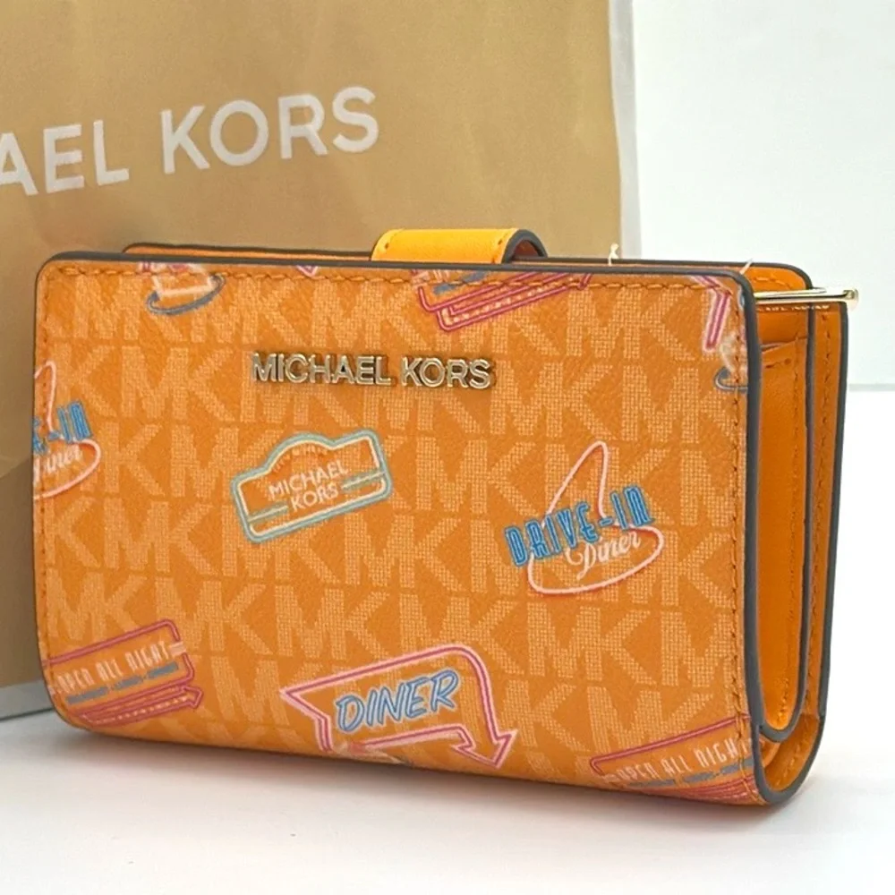 Michael Kors Jet Set Travel Medium Printed Signature Logo Bi-Fold Pop Orange